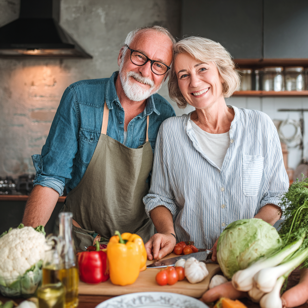 Senior couple cooking together and smiling in bright kitchen